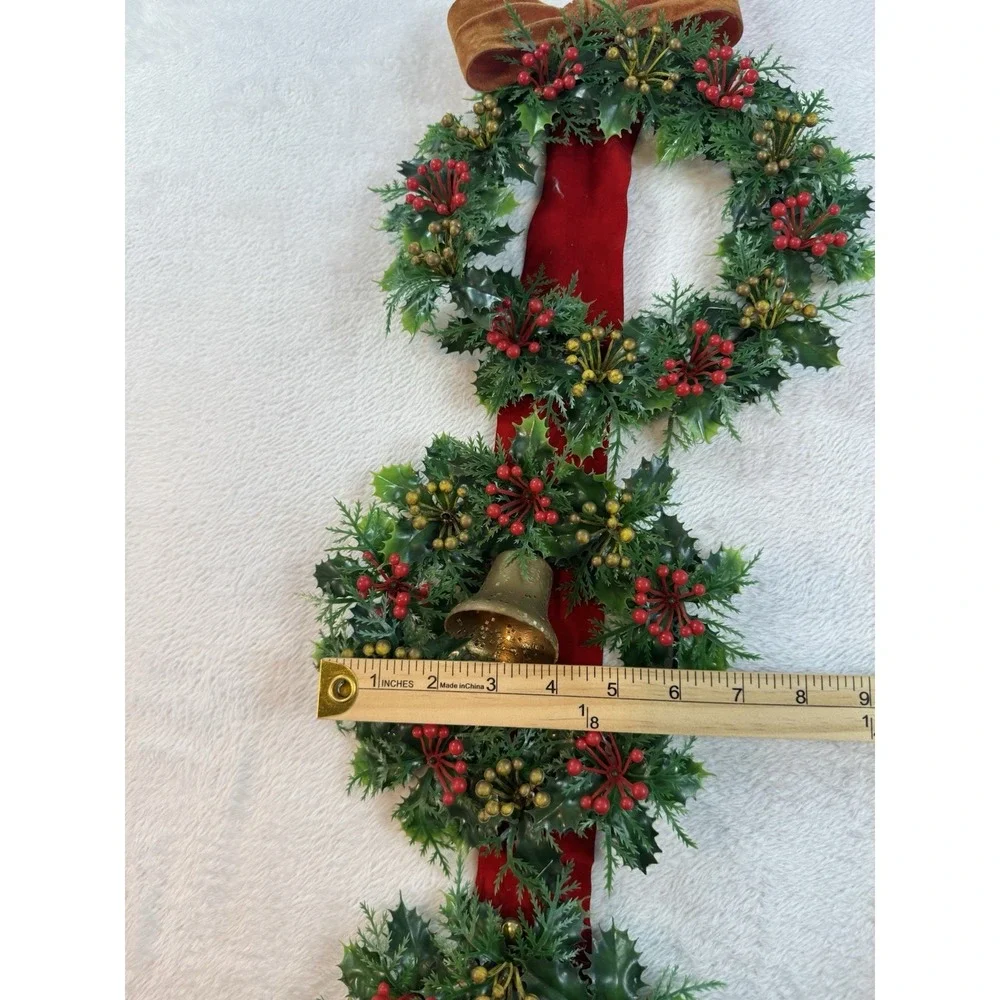 Vintage Plastic Triple Christmas Wreath with Bells on‎ Flocked Red Velvet Ribbon